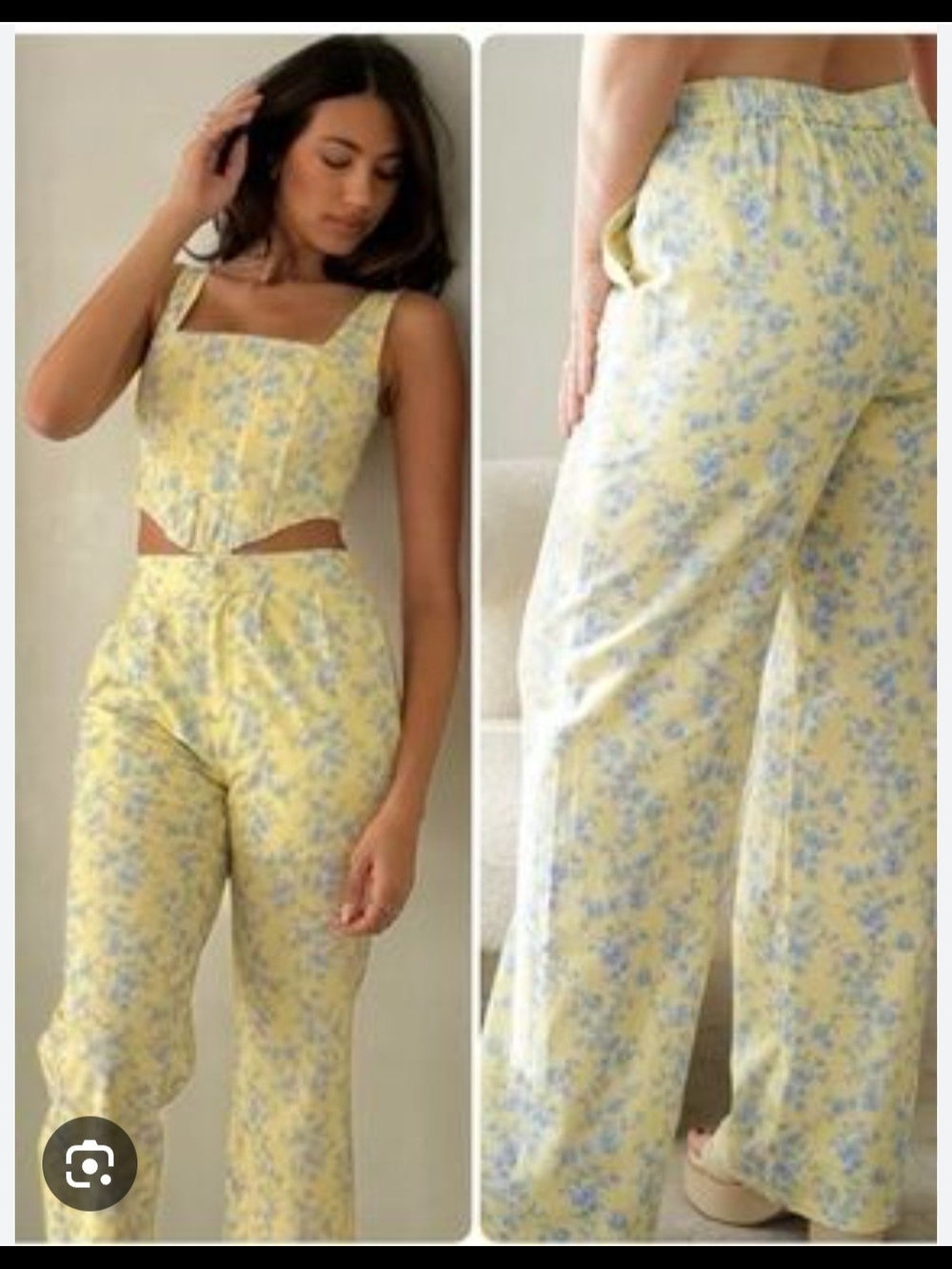 Yellow Floral Two-Piece Set - Crop Top & Wide Leg Pants